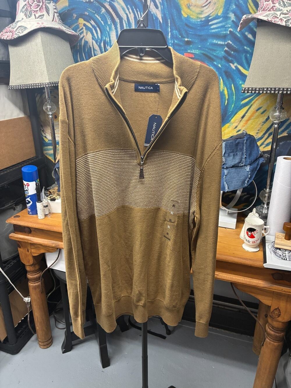 Nautica Mens XL Brown 100% Cotton Quarter Zip Mock Neck Pullover Sweater